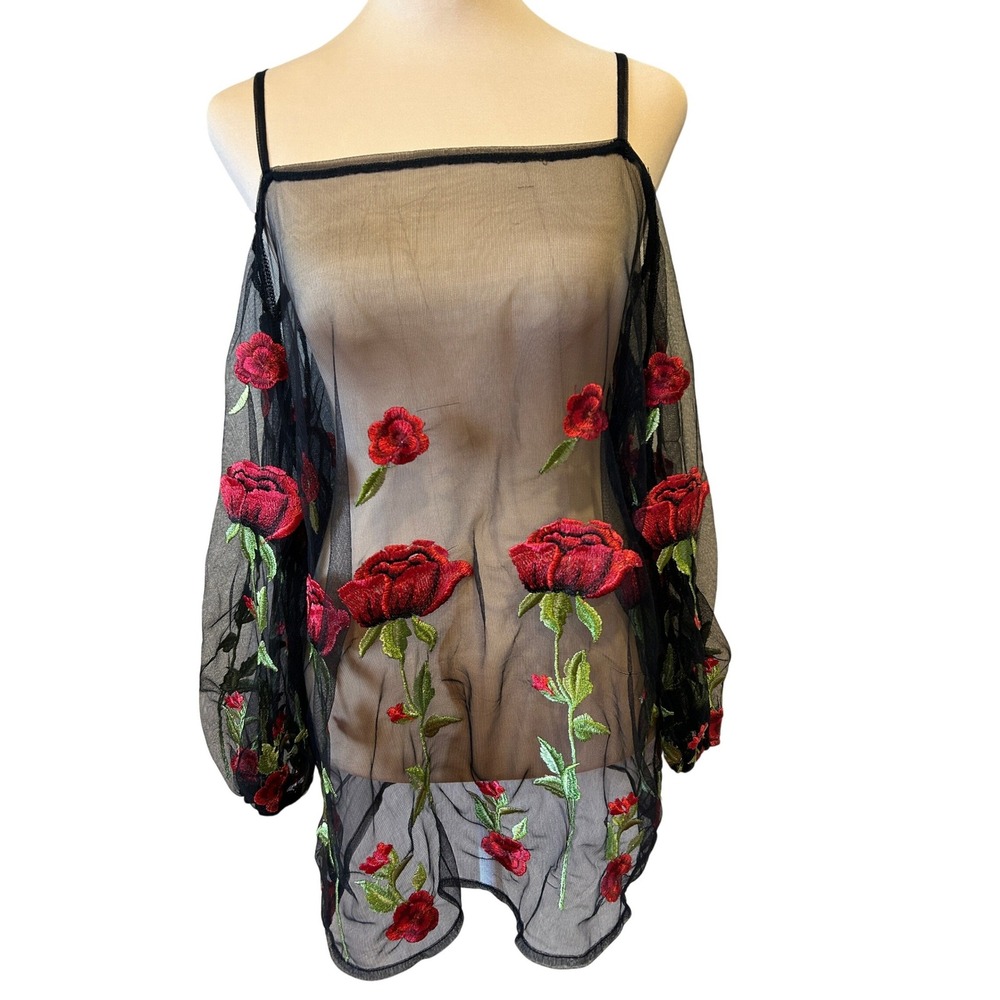 Sheer Mesh Embroidered Top Sz L Black Red Floral Balloon Sleeve Whimsigoth Fairy